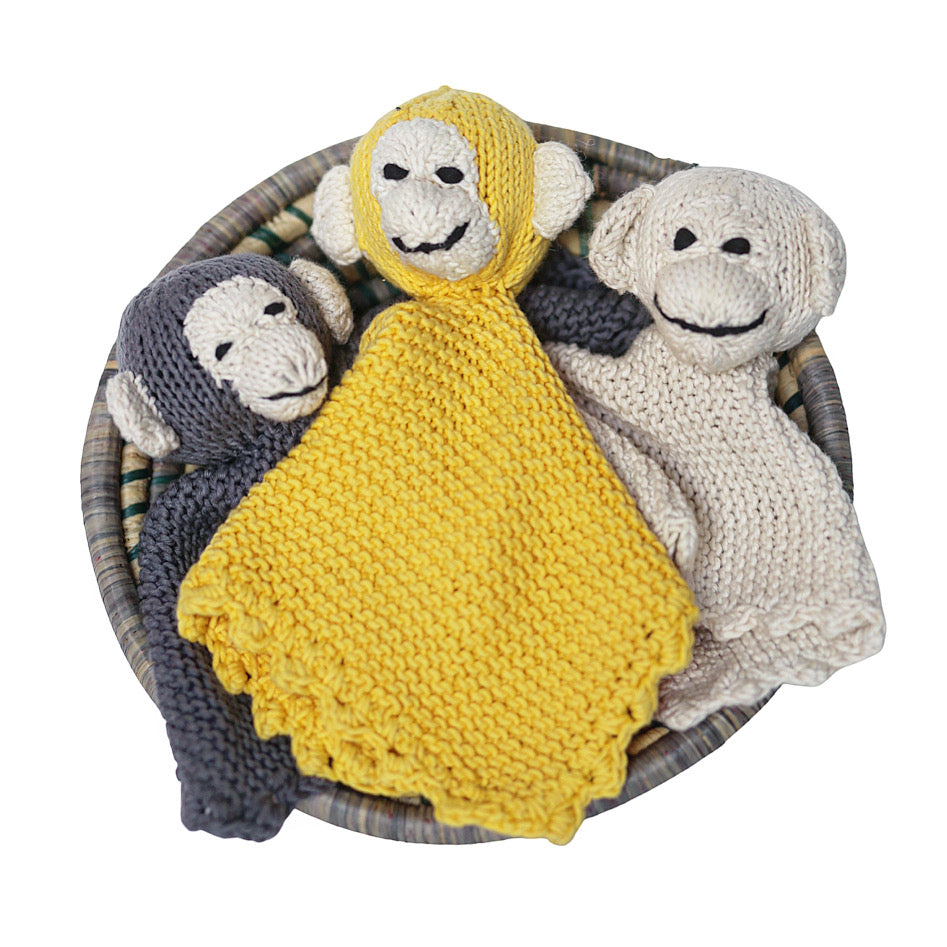 Hand Knit Organic Cotton Comfort Blanket Monkey