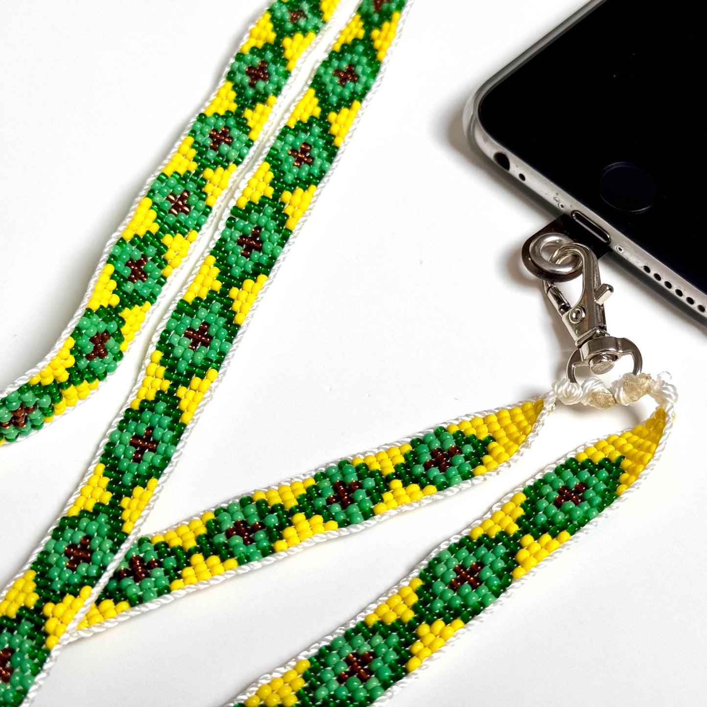 Beaded Phone Lanyard - Yellow / Green Florets