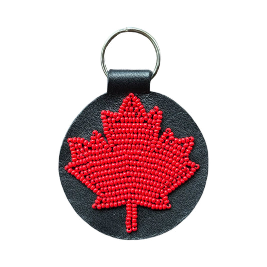 Beadwork & Leather Keychain - Maple Leaf